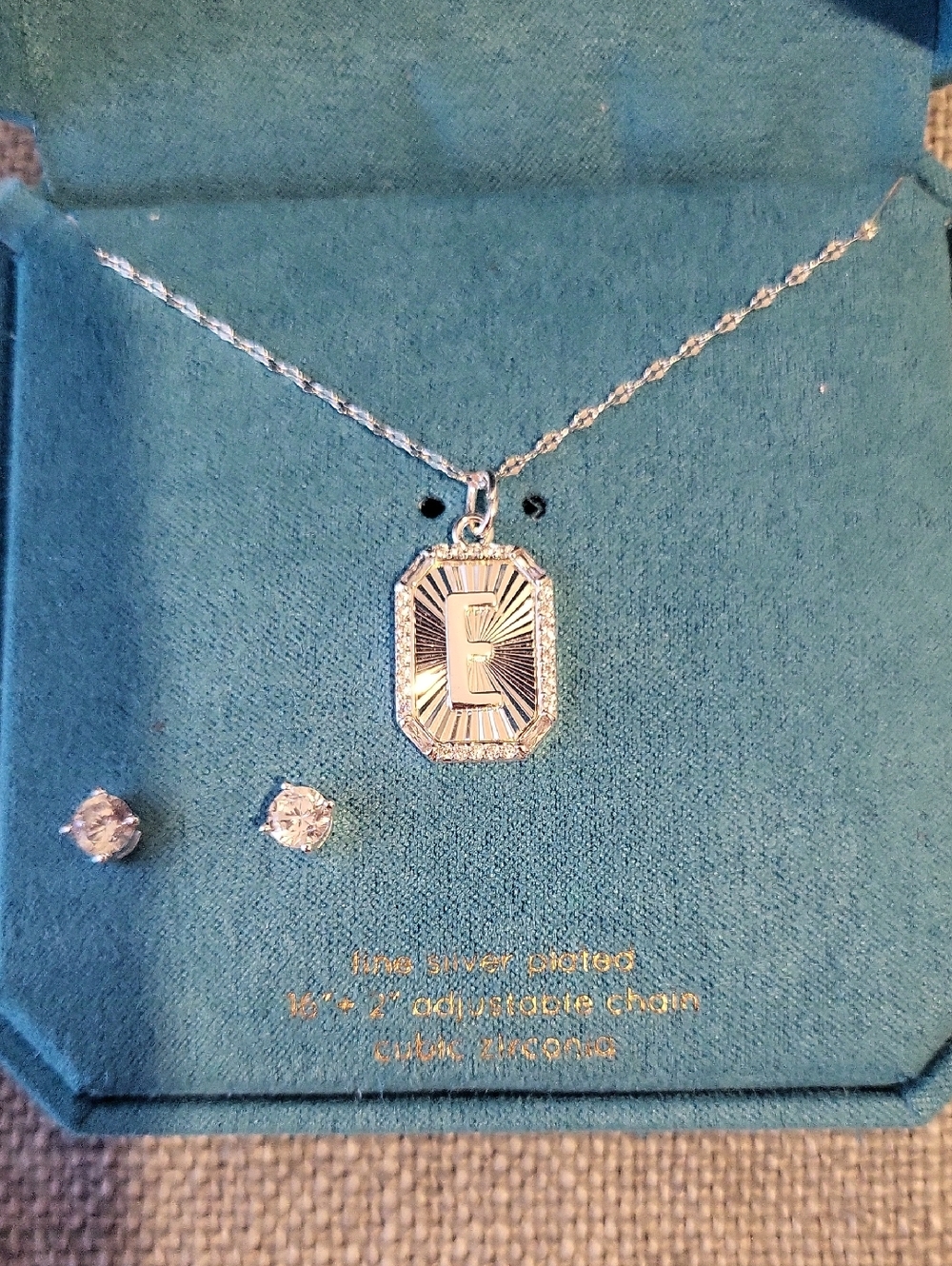 Unwritten Initial "E" Necklace And CZ Post Earrings